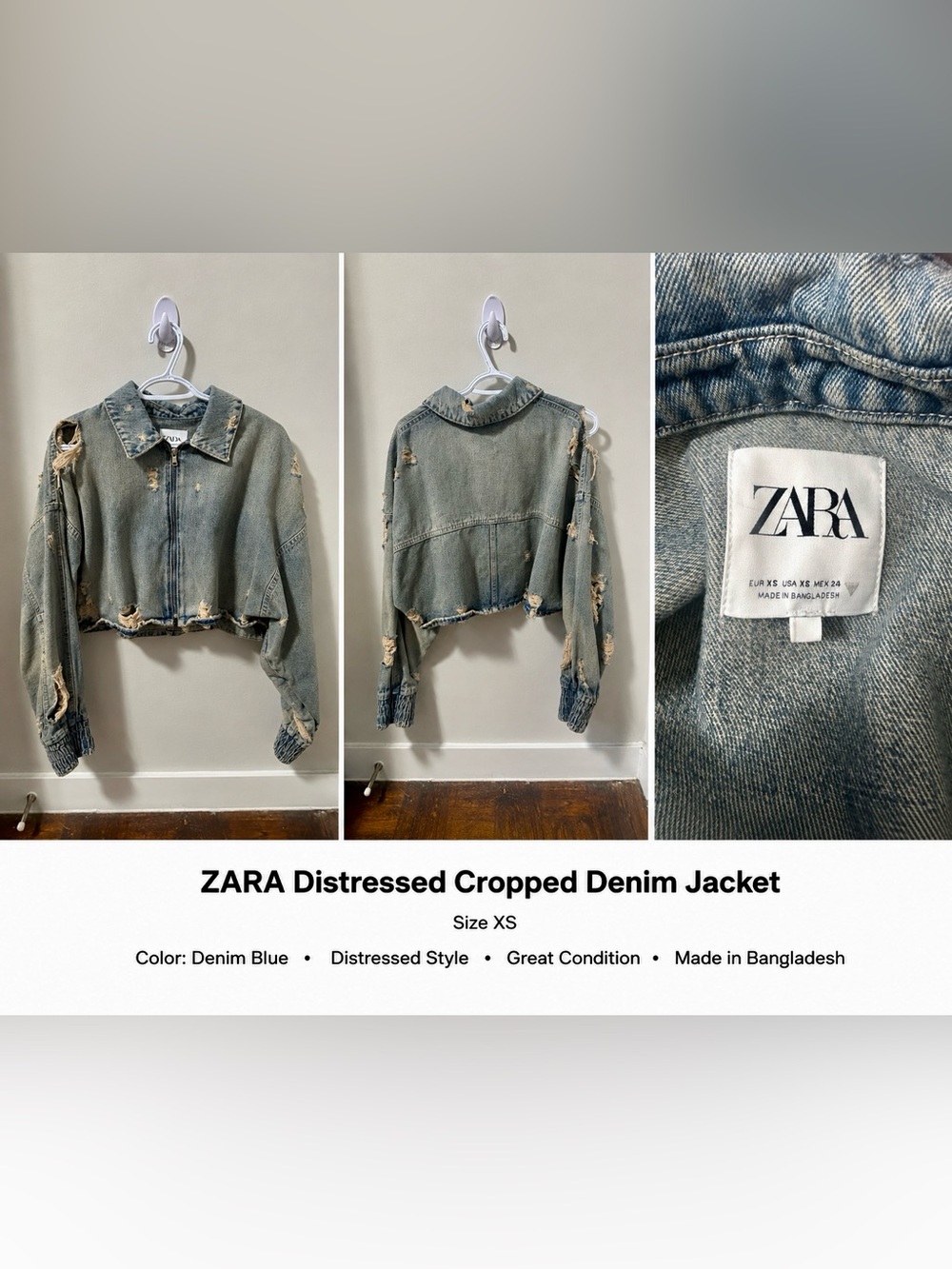 ZARA Distressed Cropped Jean Jacket in Faded Blue-Green